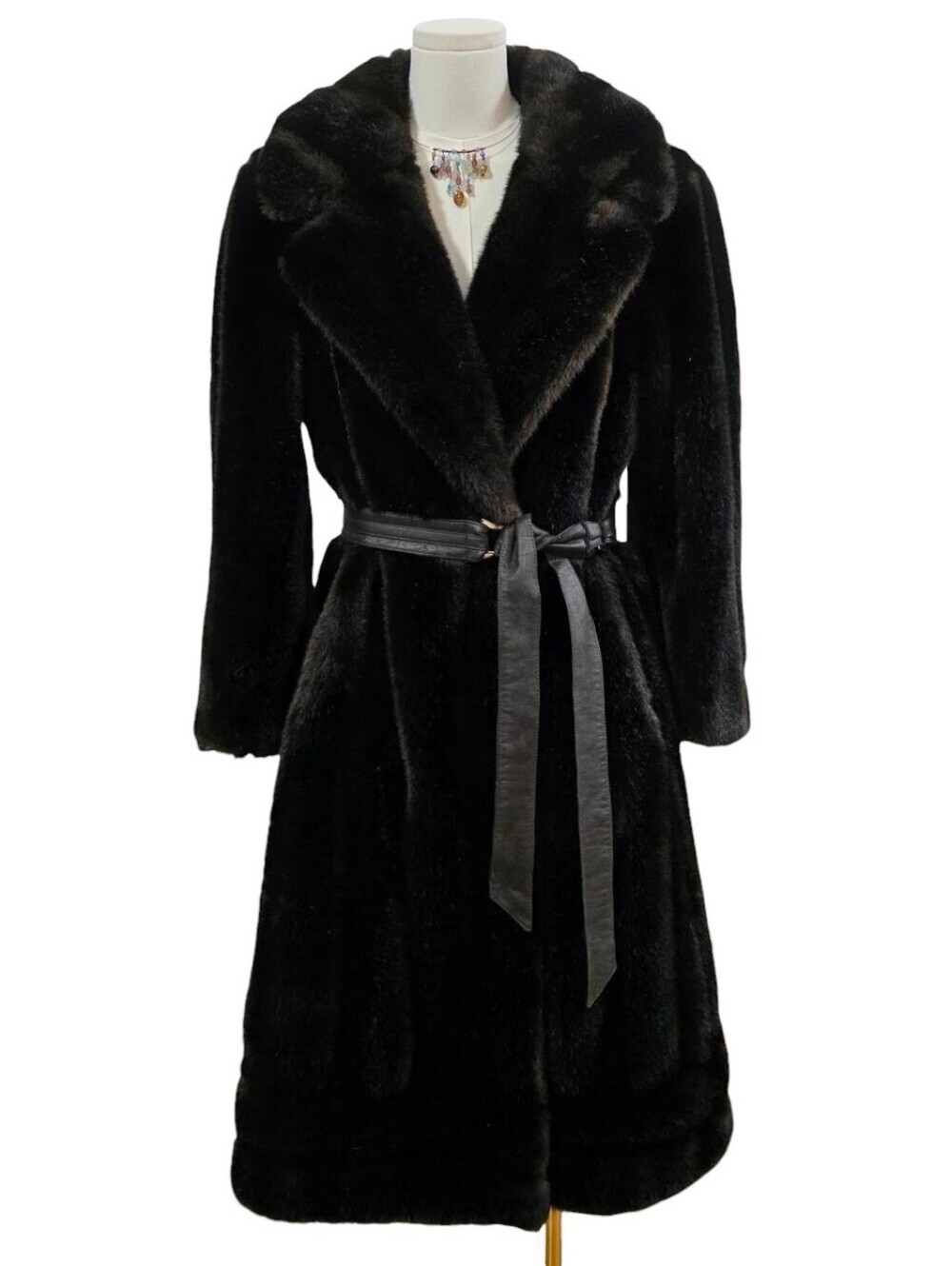 SPORTOWNE dark brown faux fur vintage long coat with belt